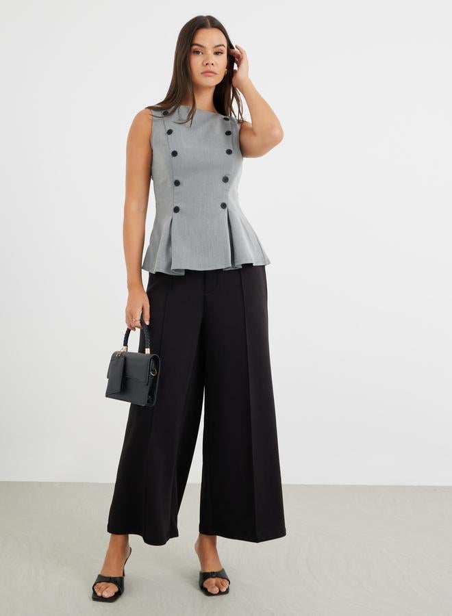 Styli Contrast Double Breasted Button Detail Peplum Top - Image 2